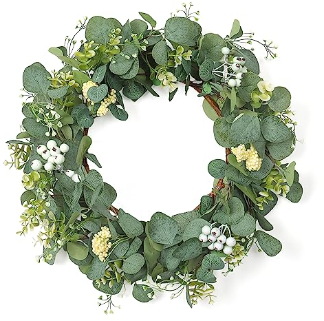 UXORSN Künstliche Eukalyptus Kranz mit Beeren 52cm Groß Grün Türkranz Willkommen Girlande Frühlings Sommer Kränze Kunstpflanze Girlande Wandkranz für Haustür Veranda Bauernhaus Terrasse Garten Dekor