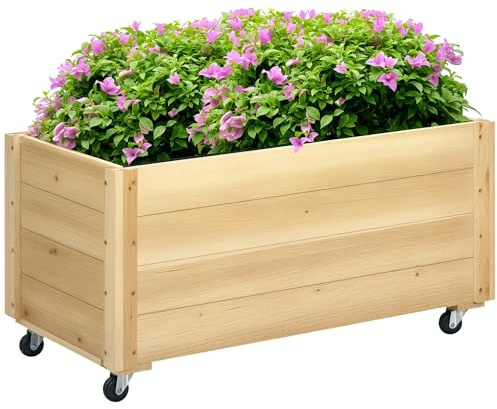 Outsunny Fioriera da Giardino con Foro di Drenaggio e Fodera di Tessuto non Tessuto, Fioriera in Legno di Abete con Rotelle, 89x48x47 cm, color Legno