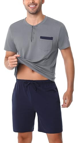Aseniza Pyjama Homme Coton Ete Ensembles de Pyjama Court à Manches Courtes Short Été Tenues de Nuit Vêtements de Nuit Eté Vêtement d'Intérieur Vêtements de Détente Doux Loungewear