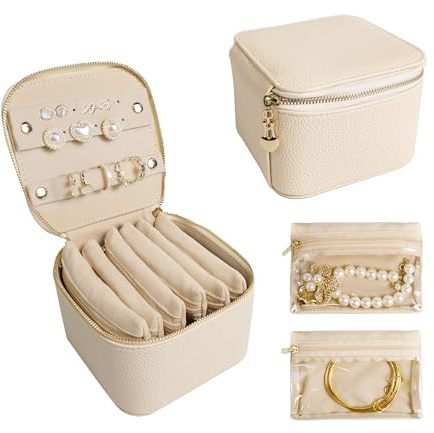 WATANIYA HOME Travel Jewelry Case, Small Travel Jewelry Box with 6 Velvet Jewelry Bag Mini Pouch, Portable Travel Jewelry Organizer for Rings Earrings Necklaces, Beauty Gifts for Women Girls (Beige)