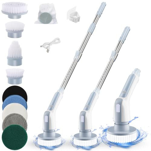 Elektrische Reinigungsbürste,Putzbürste Elektrisch 2 Einstellbaren Geschwindigkeiten,Mit 9 Bohrbürstenköpfen & Batterieanzeige,Akku Reinigungsbürste mit 98-130cm Verstellbarem Griff für Bad,Küche
