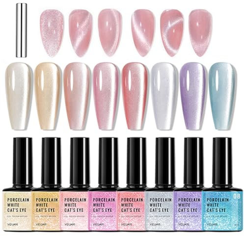 9D Cat Eye Gel Nail Polish Set with Magnet Stick - Magnetic Gel Polish -Jelly Nude Pink Silver Blue Purple Gold Cat Eye Nail Polish UV/LED Soak Off Salon DIY Nail Art (6 Colours Jelly Nude Pink Set)