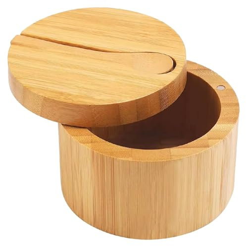 Nybhyjka Salero de Madera con Tapa y Cuchara - Recipiente para Sal, Especias y Azúcar de Encimera