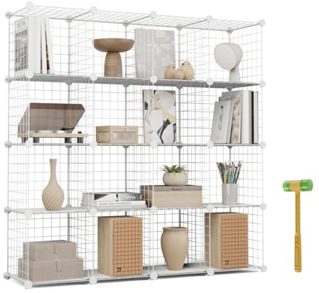 Newlux - Estantería Almacenaje Multiuso 16 Cubos (125x125x31,5cm), hasta 160Kg Capacidad. Estantería Metálica de Hierro Modular | Zapatero o Armario Abierto, Blanco
