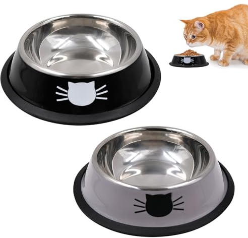 Cuenco Gato Acero Inoxidable, Set de 2 Comederos Antideslizantes para Gatos y Perros Pequeños con Anillo de Goma Extraíble, Cuencos Fáciles de Limpiar en Gris y Negro