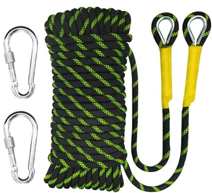 YIUBCZOQI 40m Corda Statica da Arrampicata 8mm con 2 Moschettone, UIAA | nylon ad alta resistenza, anti-abrasione, anti-UV, nero fluorescente, per alpinismo, soccorso e Campeggio