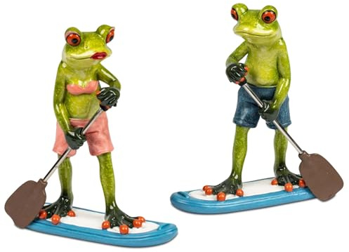 formano Set med 2 dekorativa figurer grodor vid Stand Up Paddling 16 x 14 cm handmålade dekorativa figurer av polyresin – glänsande – rolig heminredning serie grodhus