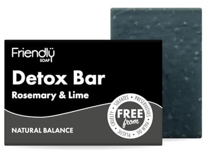 Friendly Soap - Detox Bar with Activated Charcoal, Rosemary & Lime (95g), Absorb Toxins, Cleansing, Plant-Based, Cruelty-Free, Made By Hand, No Preservatives or Sulphates, Sustainable, Recyclable