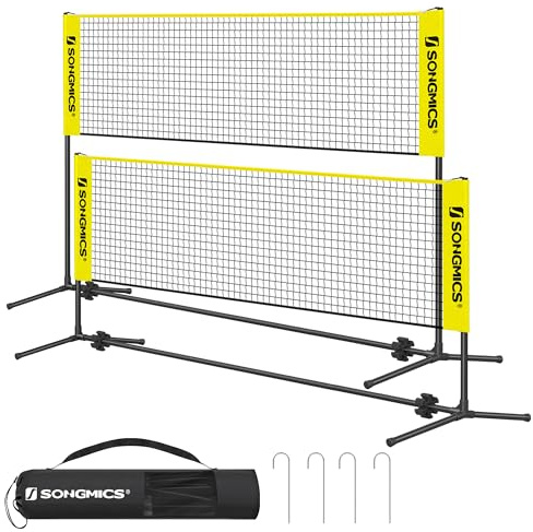 SONGMICS Rete da Badminton Tennis Pallavolo 3 m, con Pali ad Altezza Regolabile, Rete Portatile per Volano Beach Volley, Pickleball, Giardino Parco Esterno, Giallo SYQ300Y