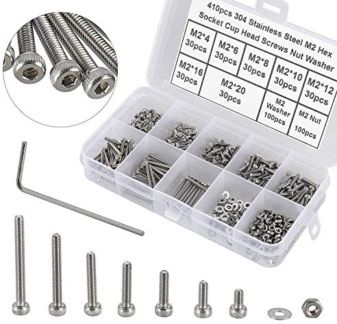 HanTof 410Pcs Tiny Hex Socket Head Cap Screws Bolts, 304 Stainless Steel M2 x 4/6/8/10/12/16/20mm, Micro Allen Head Machine Screws, Nuts and Washers Kit with Hex Wrench, Fully Threaded Pitch: 0.4mm