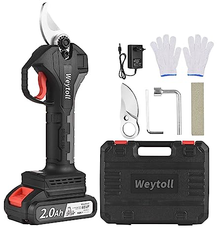 Weytoll Forbici Potatura Elettriche professionali, 21V 30mm 2 Batteria 2Ah Cesoie per Giardinaggio Albero da Frutta, 1.6lb, Nero, Rosso, Argento