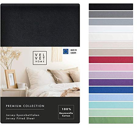 VelvetHome Spannbettlaken 200x220cm 100% gekämmte Baumwolle Made in EU Jersey Bettlaken 200x220 bis 25 cm Matratzenhöhe Spannbetttuch 200x220 Premium Qualität Schönen Farben Schwarz 200 x 220