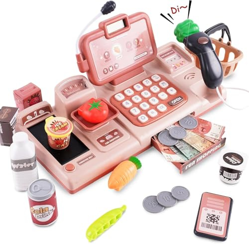Pretend Play Calculator Cash Register Toy with Sound,Microphone,Scanner,Credit Card and Conve Belt Play Food Classic Count Toy Preschool Gift for Kids Boys Girls 3 4 5 6 7 8 Years