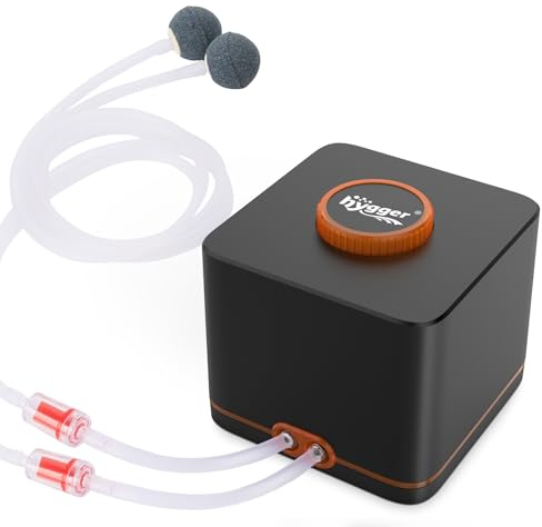 hygger Aquarium Luftpumpe, Aquarium Luftpumpe Extrem Leise für Aquarien mit 2 Luftauslässen, 11W Verstellbare Sauerstoffpumpe mit Luftschlauch,Prüfe Ventile,Ausströmerstein für Aquarien bis zu 2200L