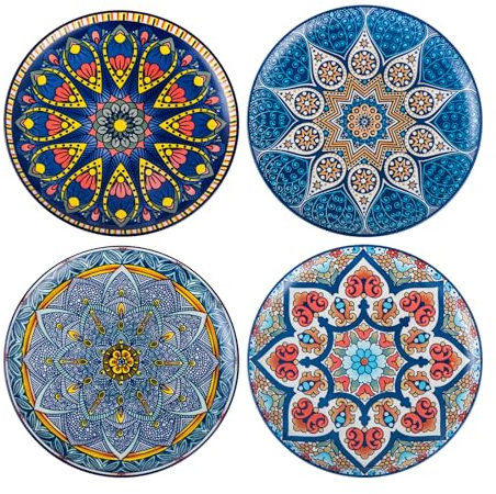 UNICASA Speiseteller Set Porzellan, Bunt Große Frühstücksteller Tellerset 4 Personen, Essteller Geschirrservice mit Muster und Bunte Farbig - 28cm