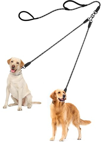 PetBonus Hundeleine Doppelleine für 2 Hunde, Keine Verwicklung Trainingsleine mit Zwei Gepolsterten Griffen, Reflektierend Nylon Doppelte Leinen für Große Mittlere Hunde 1,2×195 cm (Schwarz Grau)