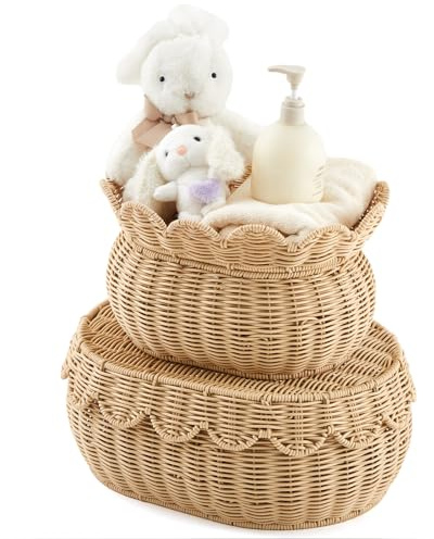 Juexica 2 Pcs Scalloped Rattan Baskets, Baby Diaper Caddy, Woven Rattan Wicker Storage Baskets with Lid for Nursery Storage Diaper Organizer Bathroom Decor (Natural,Small,Medium)