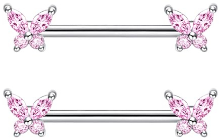 Besyvvin 2pcs Pezón Piercing 14mm Acero Inoxidable Rosa Mariposa Anillos 14G Plata Pezón Piercing Joyería para Mujeres