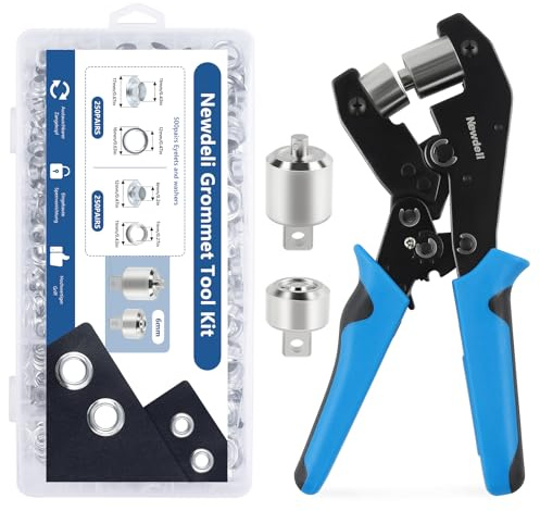Newdeli Grommet Tool Kit 3/8 1/4 inch Grommet Plier with 500 Pairs 3/8 1/4 Metal Eyelets and Grommets for Fabric Tarps Leather 10mm 6mm Punch Eyelet Tool