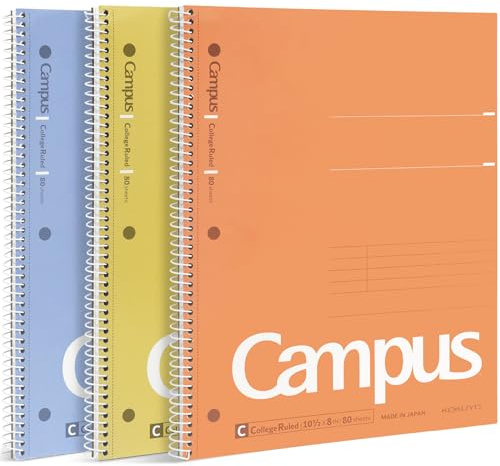 KOKUYO Spiral Notebook, 3 Pack Campus 10-1/2 x 8 Subject Notebooks with College Ruled, 80 Sheets, 3 Holes School Spiral Journal for Work Study Note Taking (Yellow, Orange, Purple)