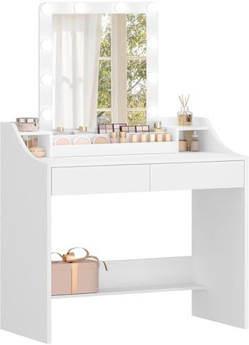 Hzuaneri 80cm Tocador con Iluminación LED, Brillo Ajustable, Mesa de Maquillaje con Espejo, Tocador con 2 Cajones y 2 Compartimentos Abiertos, Moderno, Blanco DT39503X