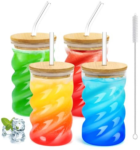 SILRIVES 4 Verre Avec Couvercle et Paille, 500 ml Verre Matcha Latte, Réutilisables Gobelet Avec Paille et Couvercle pour Bubble Tea, Café, Cocktails, Smoothies, Jus, Soda, Café Glacé et thé