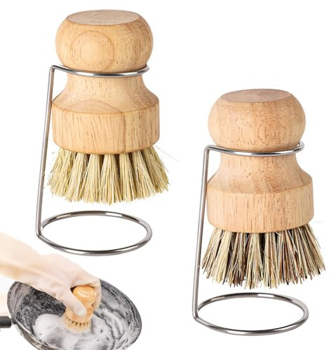 Bamboo Palm Brush, 2PCS Bamboo Dish Pot Pan Brushes, Wooden Washing up Brush with Drain Racks for Washing Cutlery Cast Iron Pots Pans Vegetable Sinks