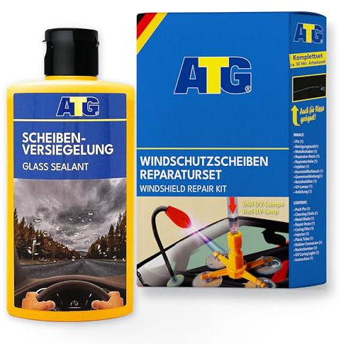 ATG vindrutereparationsset med UV-lampa + skivtätning 250 ml – gör-det-själv reparation vid stenskott och regn-pärleeffekt – tydlig synlighet och skydd för vindrutor