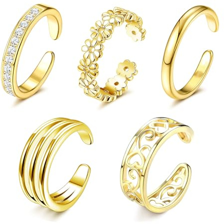 atnayo 5 Pcs Toe Rings for Women, Open Adjustable Gold Plated Toe Ring for Summer Beach Foot Jewelry