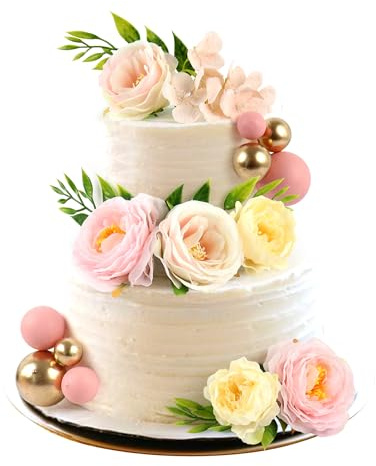 Blumomon Artificial Flowers Fake Flowers Cake Topper Pink Balls and Gold Balls DIY Cake Decoration Birthday Party Baby Shower Be Engaged Party Decorations Supplie