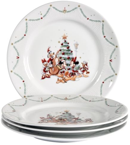 Fyrklövern Micky Maus & Freunde Flacher Teller Disney, 4er-Set, 27 cm, Porzellan, Spülmaschinenfest, Weihnachten, Weiß