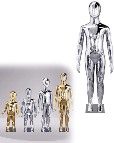 Mannekäng Barnstorlek Mannekängtorso med Huvud och Händer I Helkroppsform, Glansig Glasfiberklädformsdocka för 10-12-årigt Barn, Klädbutiksvisningsdummy(Silver,Height 127cm/50in)
