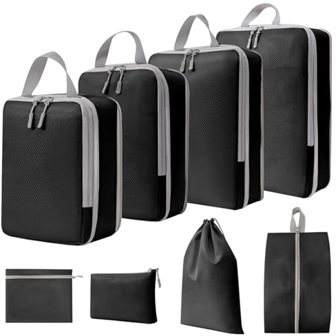 Gykutix Juego de 8 Organizador Maleta Bolsas Compresion Viaje Packing Cubes Compression Organizador Maletas Impermeable Bolsa de Compresión para Mochila, Ropa, Zapatos, Cosméticos (Negro)