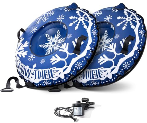 2 Pcs Snow Tube Sled with Canvas Cover for Heavy Duty, with Electric Air Pump, Inflatable Winter Sledding Tube with Handles and Thickened Bottom for Kids Adults, Blue Snowflake Design
