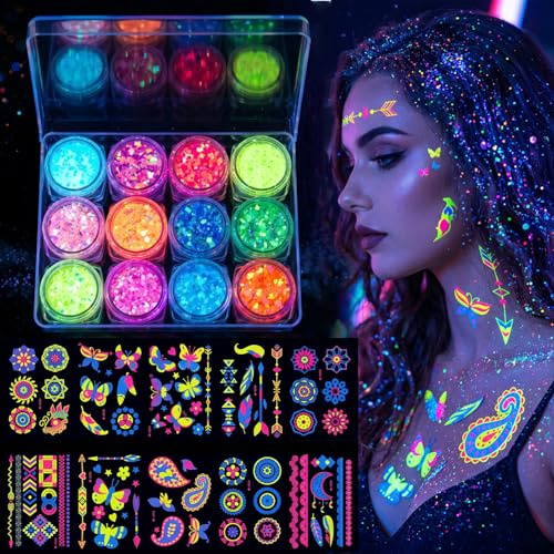 12 Couleurs Festival Paillettes Visage, Fluorescent Paillette avec 12 feuilles de tatouages ​​néon pour le visages, Pailletts Corps et Matière Sécure Résistante Eau Festival Maquillage Carnaval