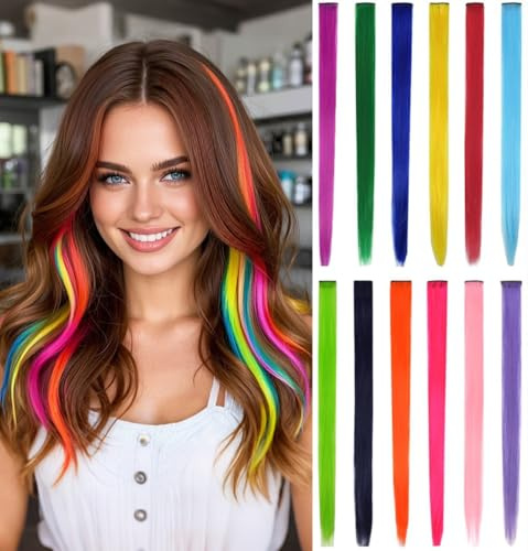 12 Pcs Colored Hair Extensions Clip for Women 22 Inch Colorful in Hair Extensions Straight Synthetic Hairpieces for Fashion Party Hair Accessories (Colorful Set Straight)