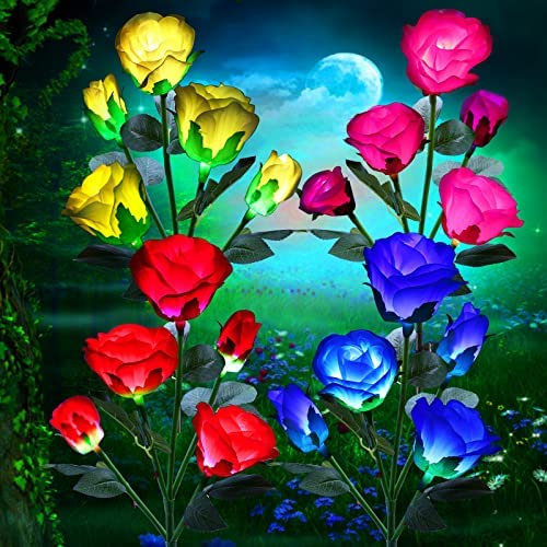 ANGMLN - Luces solares de flores para jardín al aire libre, 7 luces de rosas que cambian de color para camino, jardín, patio, fiesta, boda, decoración al aire libre (paquete de 4, 4 colores)