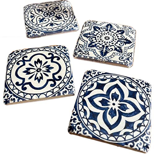 Blue Tiles Ceramic Coaster Set Of 4 Square Mediterran Mosaic Assorted Drinks Mat