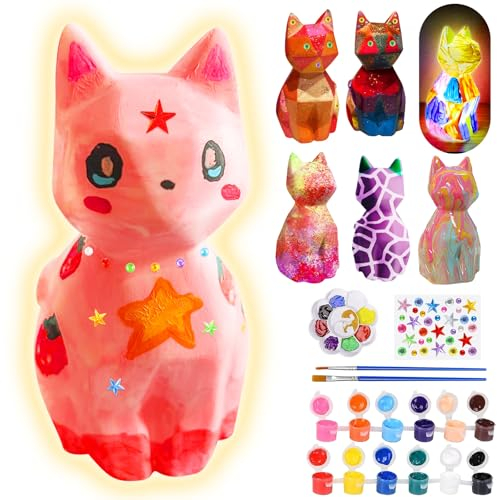 Kit Peinture Enfant avec Lampe de Chat, Veilleuse de Peindre 3D, Kit de Materiel Dessin Bricolage Jouet, Loisir Ensemble Créatif activité pour Garçons, Cadeau d'anniversaire pour Filles de 3-12 Ans