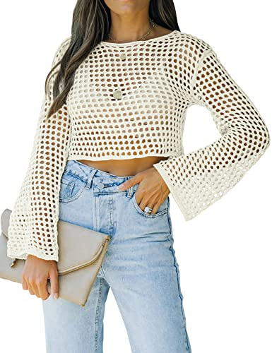 Womens Fishnet Crochet Crop Top Sexy Long Sleeve See Through Hollow Out Mesh Bikini Cover Ups White