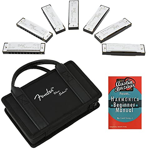 Fender Blues Deluxe Harmonica Pack of 7 Bundle with Carrying Case, Austin Bazaar Beginner Manual, and Polishing Cloth - Keys A, Bb, C, D, E, F, and G