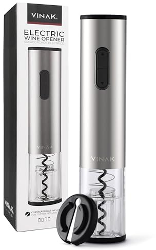 VINAK Sacacorchos eléctrico a pilas en acero inoxidable con cortacápsulas y espiral teflonada | Abridor eléctrico de diseño moderno | Abrebotellas sin esfuerzo | (A - Sacacorchos eléctrico)