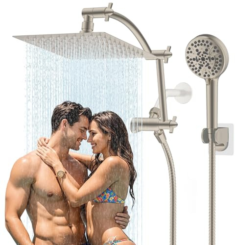 Hibbent All Metal cUPC Certified Shower Head, 8'' High Pressure Rain Shower Head, Handheld Showerhead Combo with 16'' Adjustable Extension Arm, 10 Sprays, 71'' Hose, Showerhead Holder, Brushed Nickel