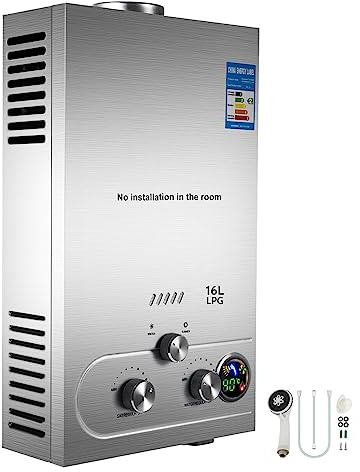 OwKay Calentador de Agua Caliente a Gas 6-18L Caldera instantánea sin Tanque de propano con Kit de Ducha Calentador de Agua GLP Electrodomésticos (Color: Plata, tamaño: 16L 32KW)