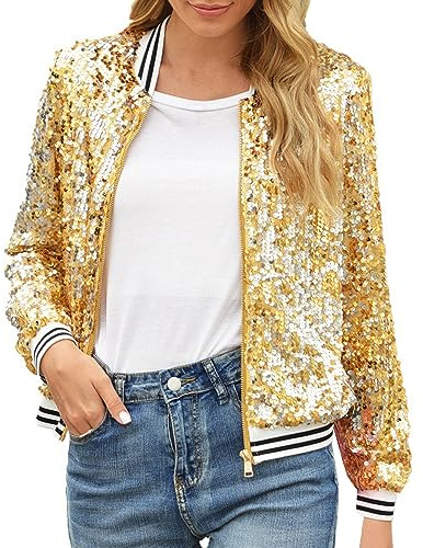 Duohropke - Chaqueta de mujer con lentejuelas brillantes, manga larga, estilo bomber, chaqueta de vuelo, chaqueta de motociclista, ropa de exterior, Oro 01, M