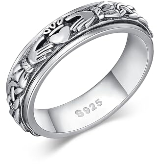 Claddagh Fidget Spinner Ringe 925 Sterling Silber Keltischer Knoten Angst Ring Ewigkeit Liebe Irischer Claddagh Schmuck Geburtstags Geschenke für Damen Frauen Mädchen Männer Mutter Ehefrau (Größe 7)