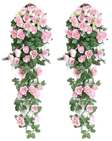 Yiyifor 2 Piezas Artificiales Plantas Colgantes,Flores Rosas Artificiales Vides Colgando Plantas Hiedra de Plástico Plantas Artificiales (Pink)