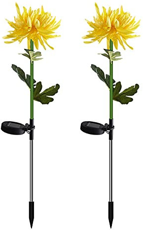 DLAZUM 2 Luces solares de crisantemo, luz de jardín para Exteriores, Luces LED con Forma de Flor, lámpara Decorativa Impermeable para jardín con estaca,Yellow