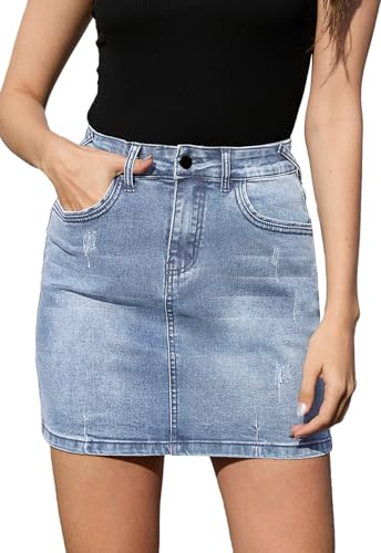 Alaster Queen Jupe d'été courte en jean pour femme - Longueur genou - Mini jupe pour femme - Taille extensible - Avec poches
