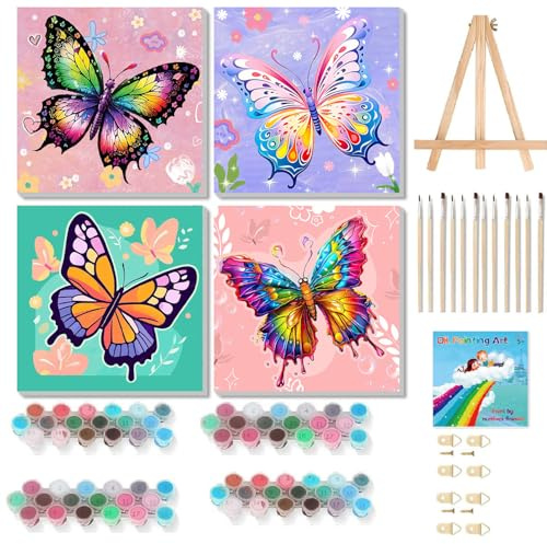 WEMEON 4 Pack Paint by Numbers Kit for Kids 4-8-12 with Framed, Butterfly Kids Small Paint by Numbers kit, Framed Mini Painting by Numbers for Kid Painting Set(8x8Inch)